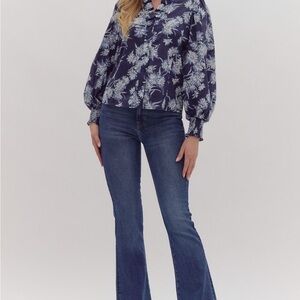 Entro Navy Floral Blouse and Blue Flare Jeans